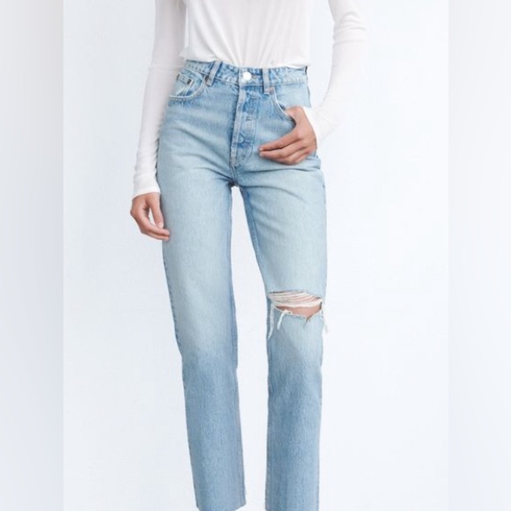 ZARA straight leg high waist jeans distressed ankle length vintage ripped